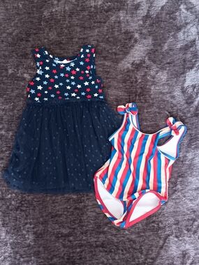 Patriotic Bundle2pc Star Dress & Striped Swimsuit Navy Blue, Red, White Girls18M